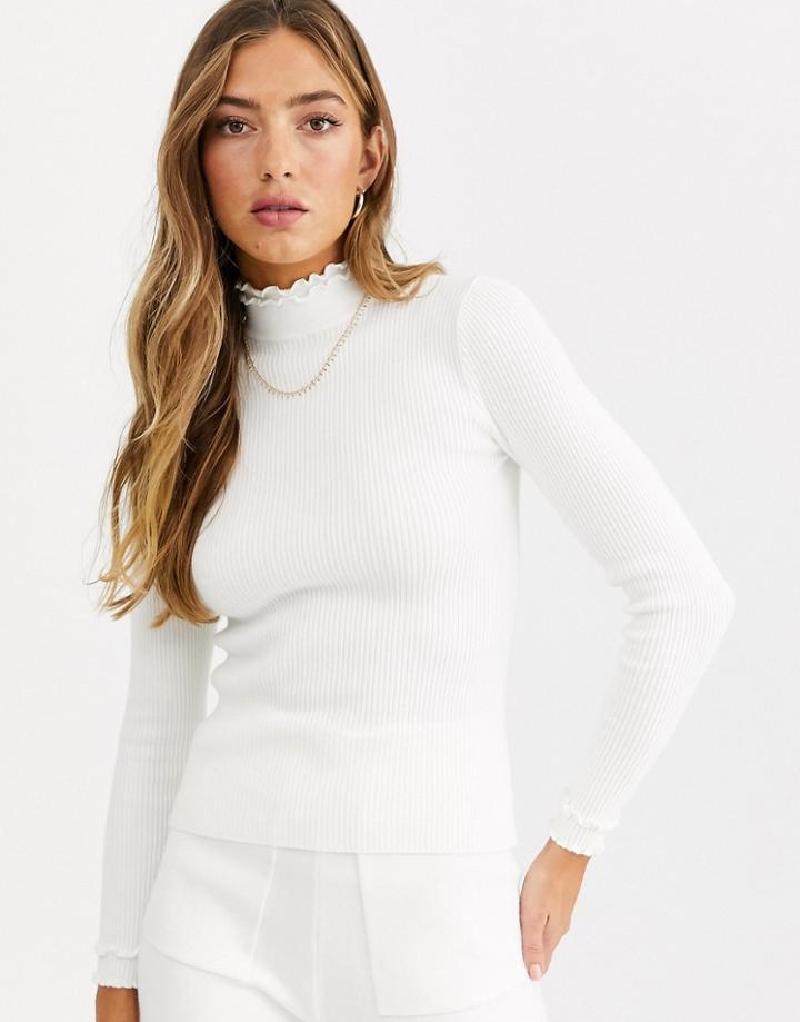 Fashion Union Ribbed Slim Fit Sweater With Ruffle Neck Detail-white