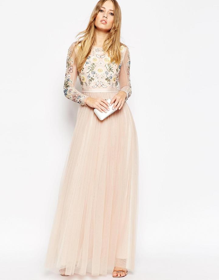 Needle & Thread Backless Sheer Sleeve Tulle Embellished Maxi Dress - Blush