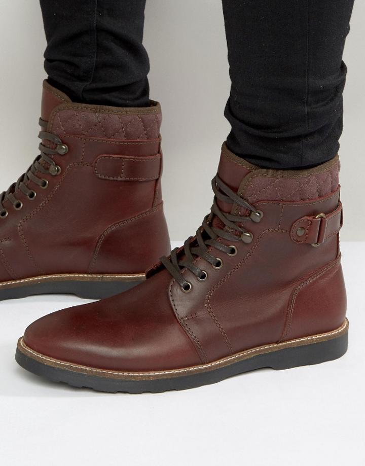 Asos Lace Up Boots With Quilt Detail In Burgundy Leather - Red