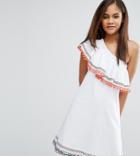 Asos Tall One Shoulder Sundress With Geo-tribal Trims And Pom Poms - White