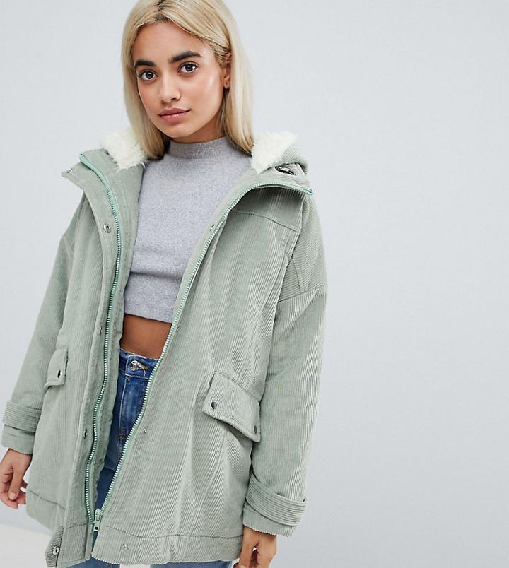 Asos Design Petite Cord Borg Hooded Parka - Green