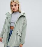 Asos Design Petite Cord Borg Hooded Parka - Green