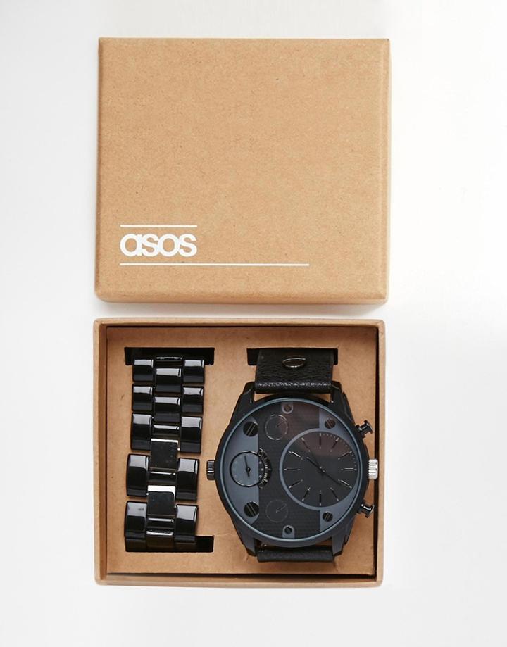 Asos Oversized Watch In Monochrome With Interchangeable Strap - Black