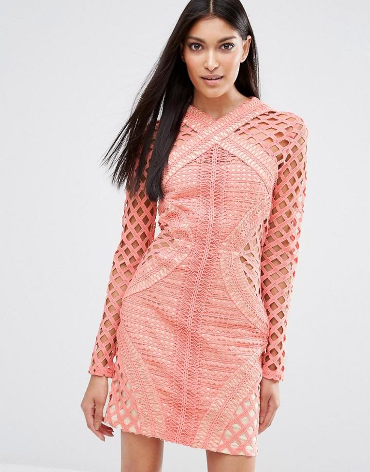 Missguided Long Sleeve Lace Cut Out Dress - Pink