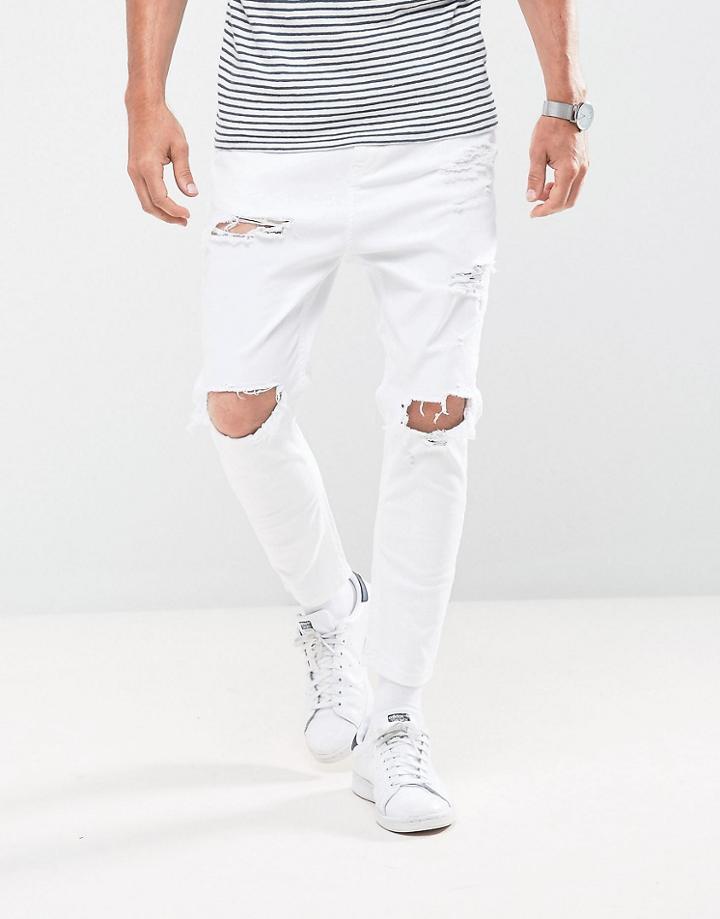 Bershka Skinny Carrot Fit Jeans With Rips In White - White