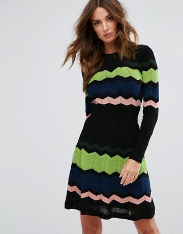 M Missoni Long Sleeved Zig Zag Wool Mix Knitted Dress - Black