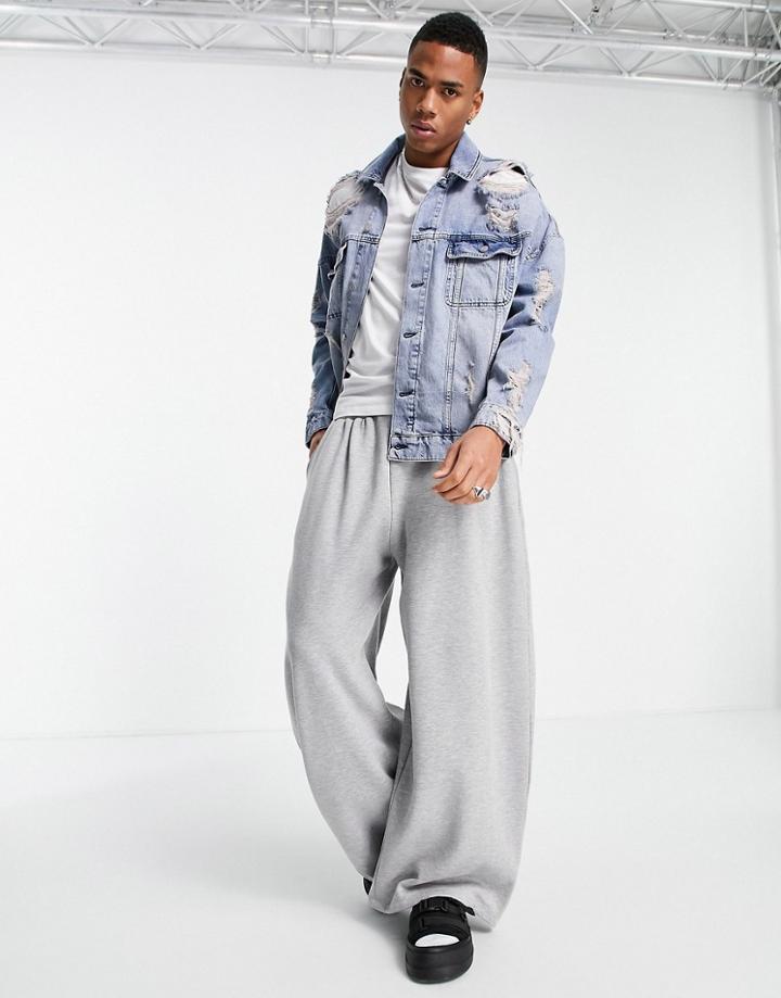 Asos Design Oversized Super Ripped Denim Jacket In Mid Lightwash Blue-blues