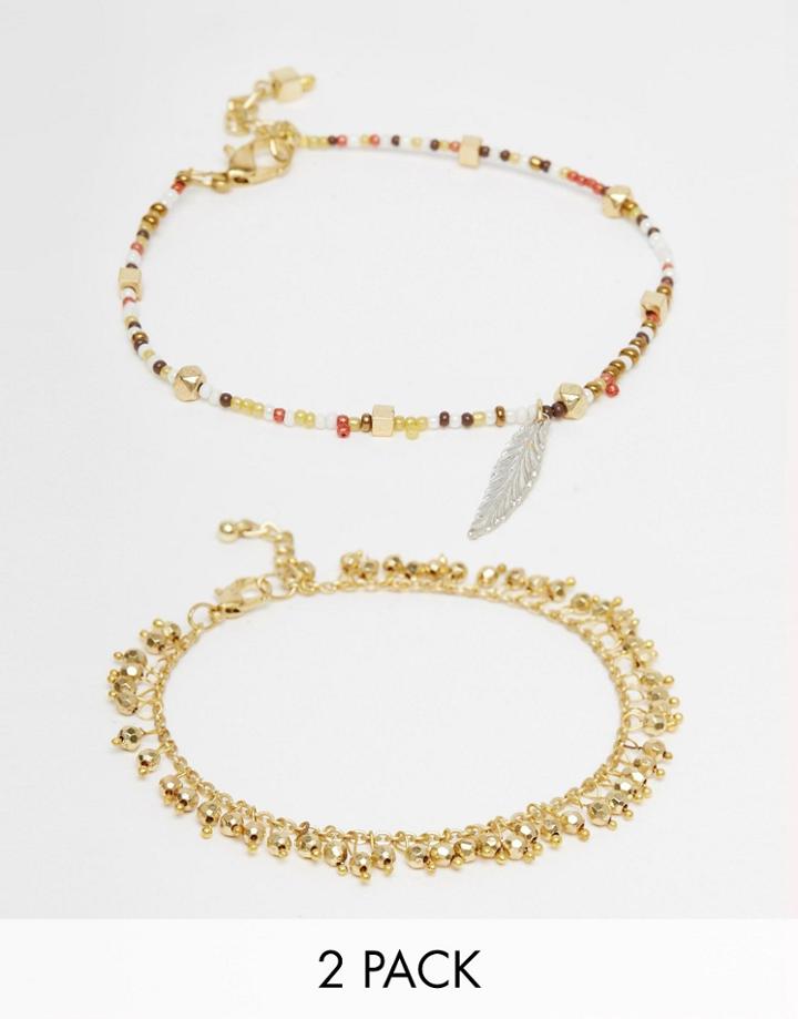 Asos Pack Of 2 Double Feather And Ball Anklets - Mixed Metal