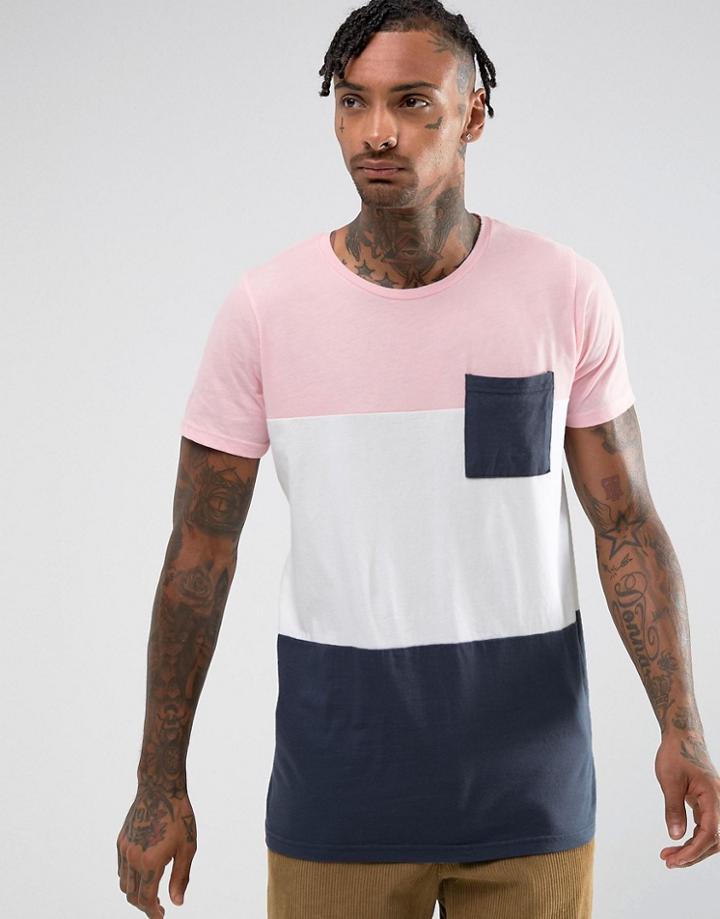 Pull & Bear T-shirt With Color Block In Pink And Navy - Pink