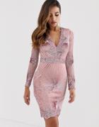 Goddiva Plunge Embellished Sequin Mini Dress With Long Sleeves In Rose Pink-gold