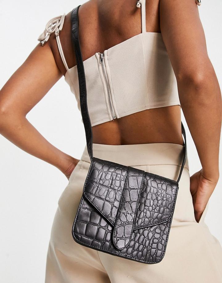 Urbancode Leather Croc Crossbody Bag In Black