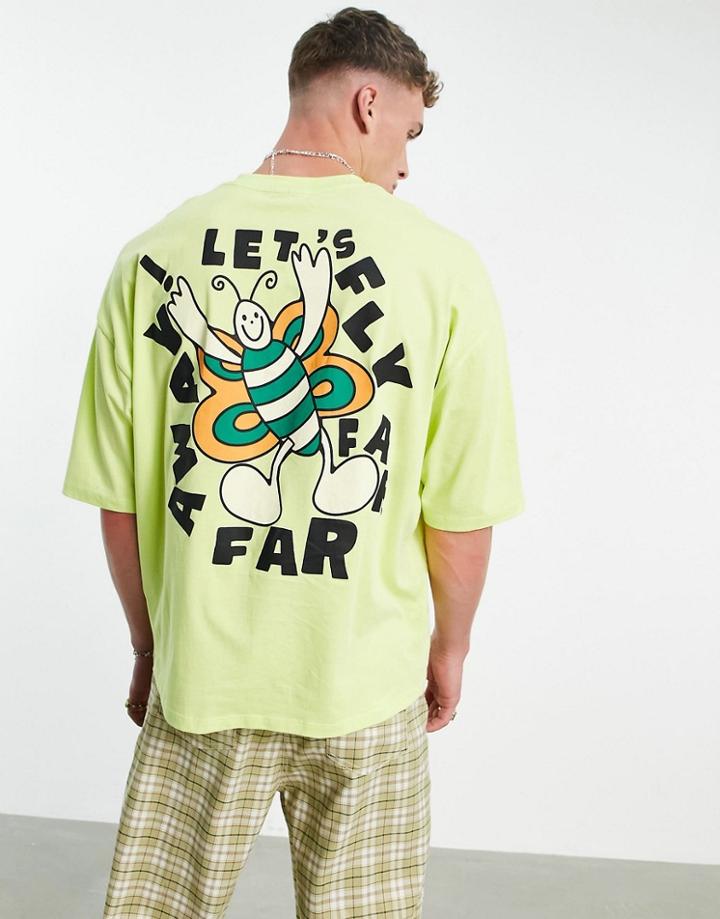 Asos Design Oversized T-shirt In Lime Green Organic Cotton Blend With Cartoon Back Print