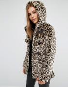 Qed London Leopard Faux Fur Coat With Pom Poms - Brown