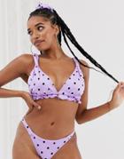 Asos Design Fuller Bust Tab Frill Triangle Bikini Top In Lilac Polka Dot Print With Matching Scrunchie Dd-f - Multi