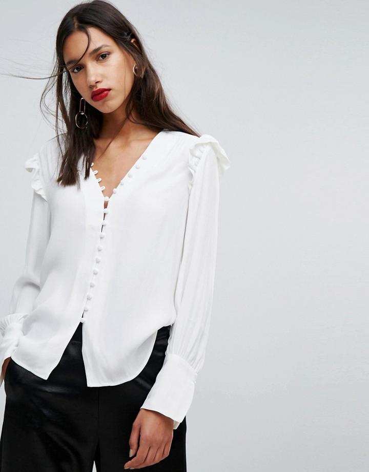 Mango Button Up Frill Blouse - White