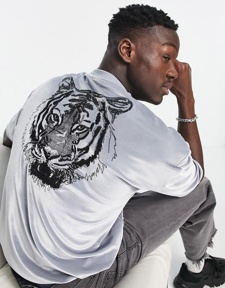 Asos Design Oversized T-shirt In Gray Velour With Back Tiger Embroidery