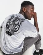 Asos Design Oversized T-shirt In Gray Velour With Back Tiger Embroidery