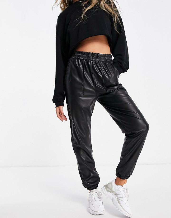 New Look Leather Look Seam Pocket Sweatpants In Black