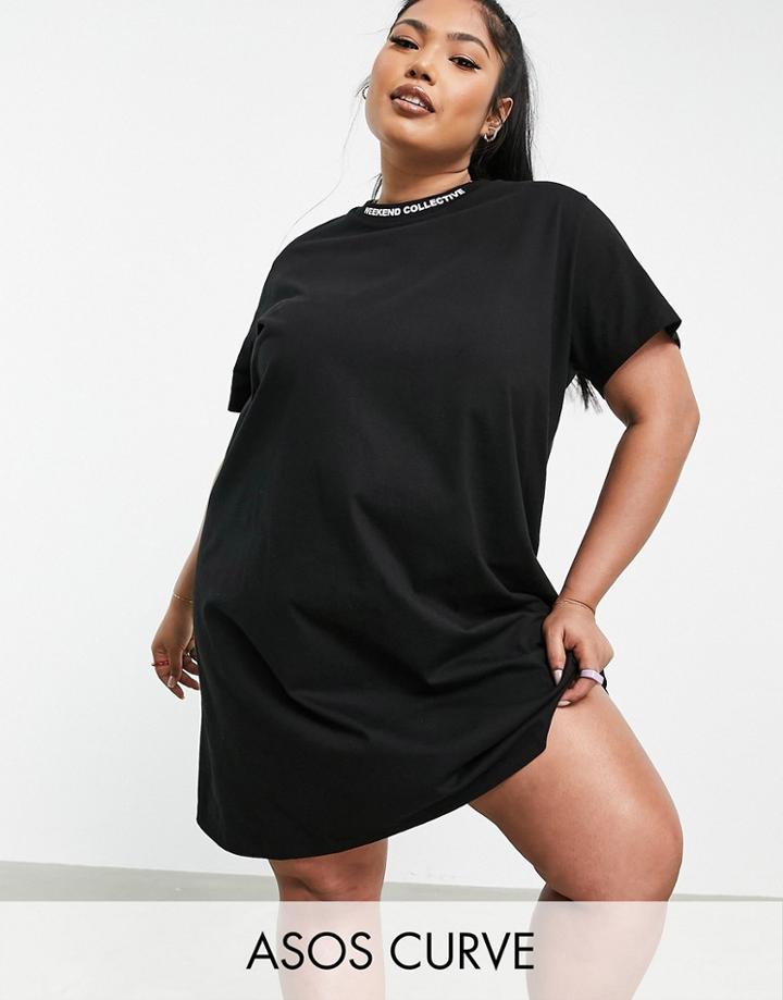 Asos Weekend Collective Curve Oversized T-shirt Dress With Logo In Black