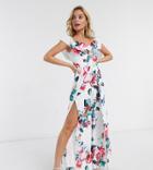 Lipsy Petite Bardot Off Shoulder Split Leg Jumpsuit In White Floral Print-multi