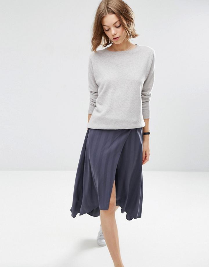 Asos Midi Skirt In Self Stripe With Stepped Hem Detail - Charcoal