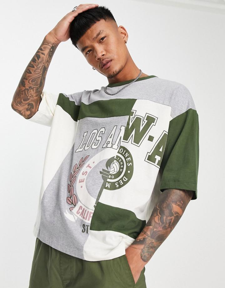 Asos Design Oversized T-shirt In Gray And Ecru Color Block With Los Angeles City Print