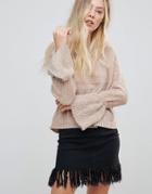 Wild Flower Sweater With Fluted Sleeves - Beige