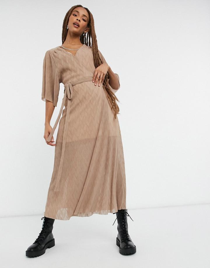 Liquorish Wrap Midi Crinkled Dress In Beige-brown