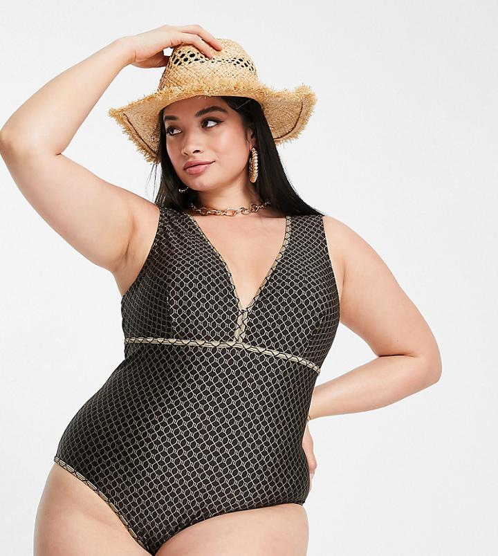 River Island Plus Plunge Belted Logo Swimsuit In Brown