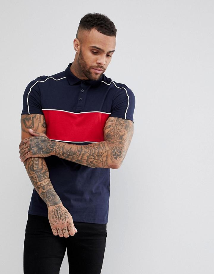 Asos Polo Shirt With Contrast Panel And Piping In Navy - Navy