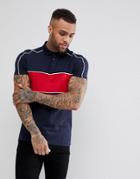 Asos Polo Shirt With Contrast Panel And Piping In Navy - Navy