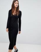 River Island Jersey Button Down Bodycon Dress In Black