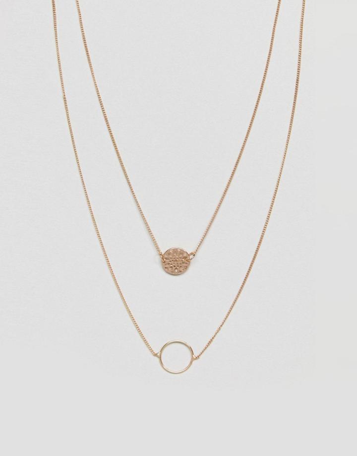 Asos Design Filigree Disc And Open Circle Multirow Necklace - Gold