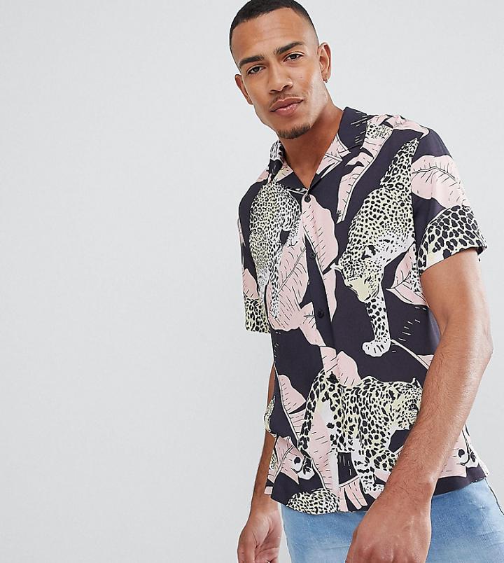 Asos Design Tall Oversized Tiger Print Shirt With Revere Collar - Gray