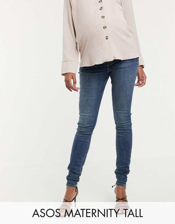 Asos Design Maternity Tall Ridley High Waisted Skinny Jeans In Extreme Dark Stonewash Blue With Under The Bump Waistband