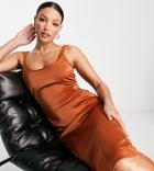 4th & Reckless Tall Open Back Detail Midi Dress In Rust Satin-orange