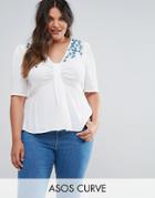 Asos Curve Ruched Front Blouse With Embroidery - Cream
