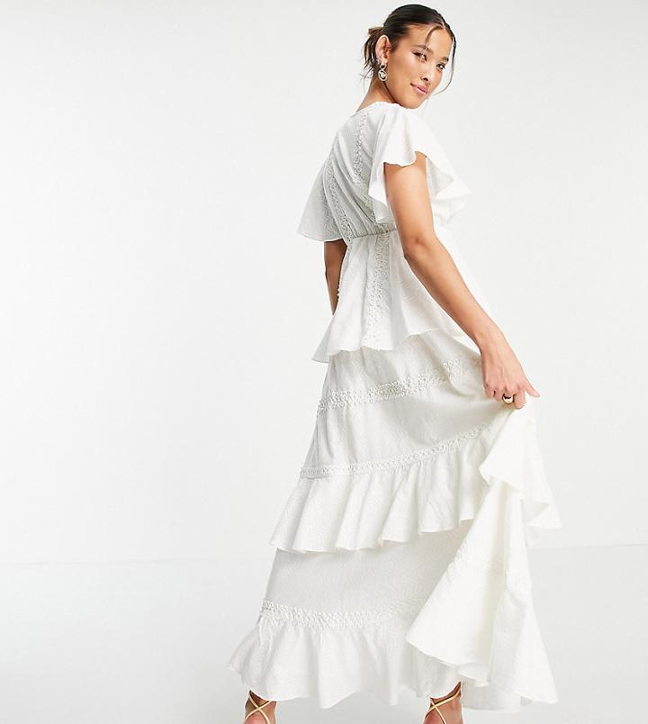 White Sand Square Neck Lace Insert Tiered Midi Dress In Cream