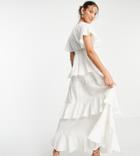 White Sand Square Neck Lace Insert Tiered Midi Dress In Cream
