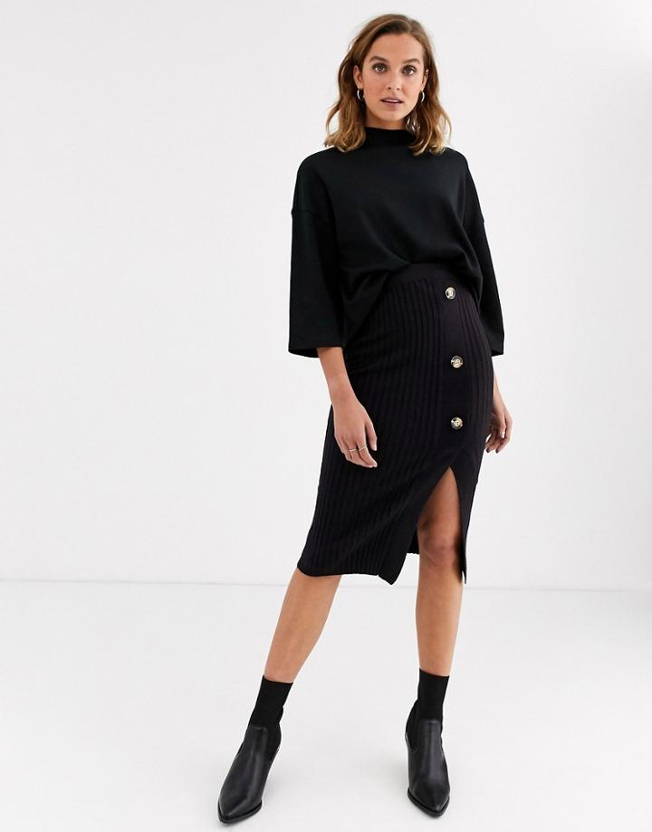 River Island Knitted Skirt With Button Detail In Black
