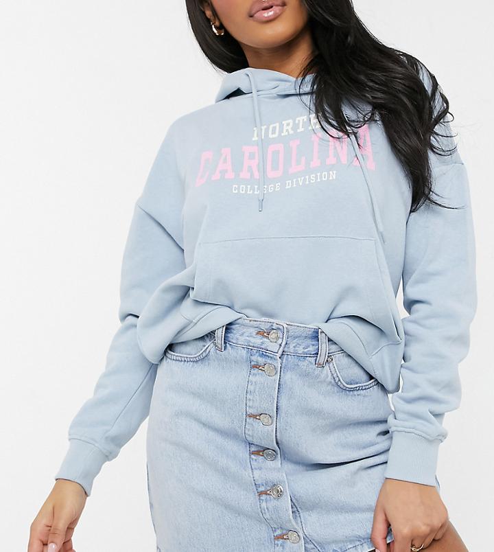 Asos Design Petite Denim Button-up Skirt In Blue-blues