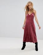 Wyldr Moon Night Velvet Midi Dress With V Neckline And Lace Trim Insert - Pink