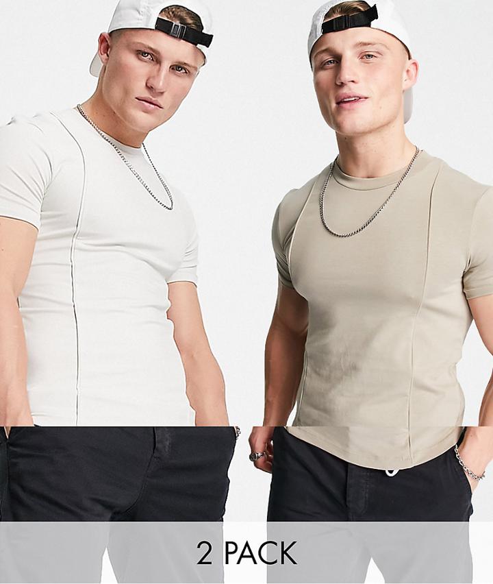 Asos Design 2 Pack Muscle Fit T-shirts With Pinktucks In Beige - Part Of A Set-multi