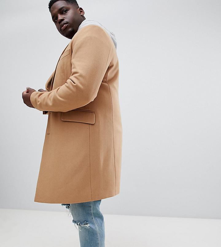 Asos Design Plus Wool Mix Overcoat In Camel - Tan