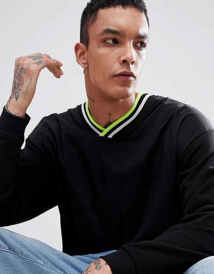 Asos Design Oversized V Neck Woven Sweatshirt In Black - Black