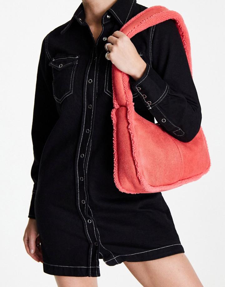 Topshop Borg Shearling Mix Shoulder Bag In Rust-orange