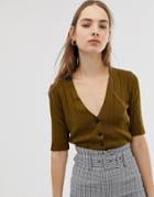 Asos Design Ribbed Cardigan With Half Sleeve - Green