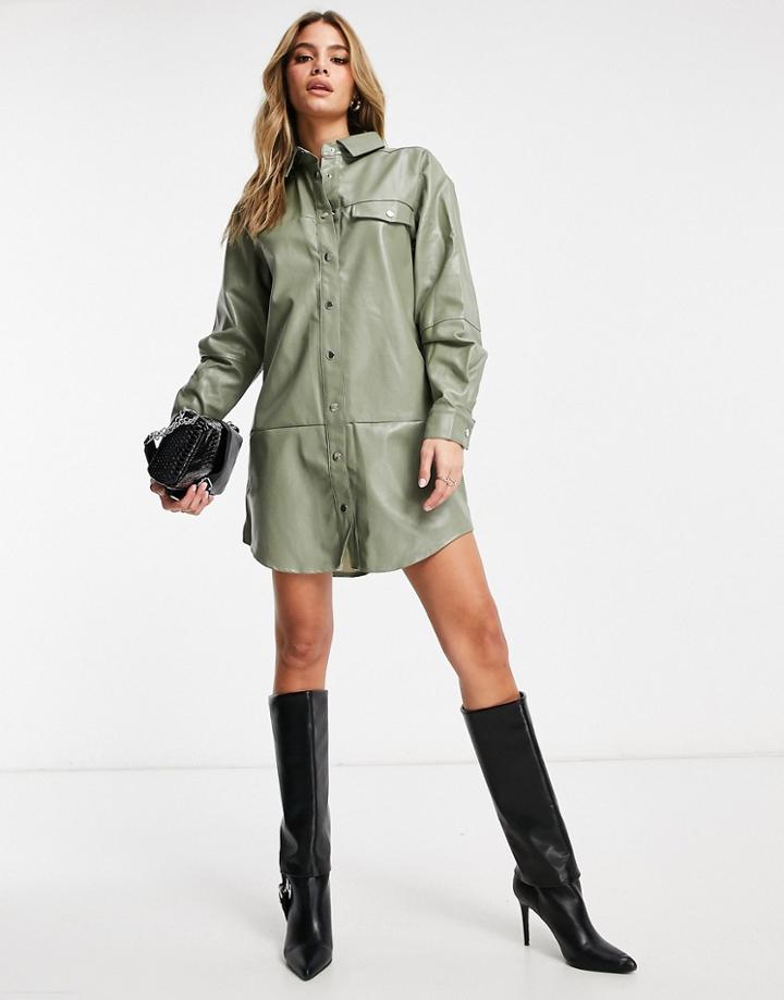 Missguided Oversized Leather-look Shirt Dress In Sage-green