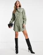 Missguided Oversized Leather-look Shirt Dress In Sage-green
