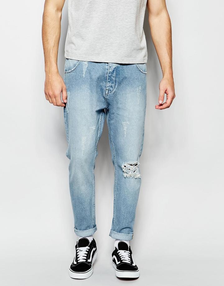 Asos Bow Leg Jeans In Light Blue With Raw Edge Waistband Detail - Light Blue